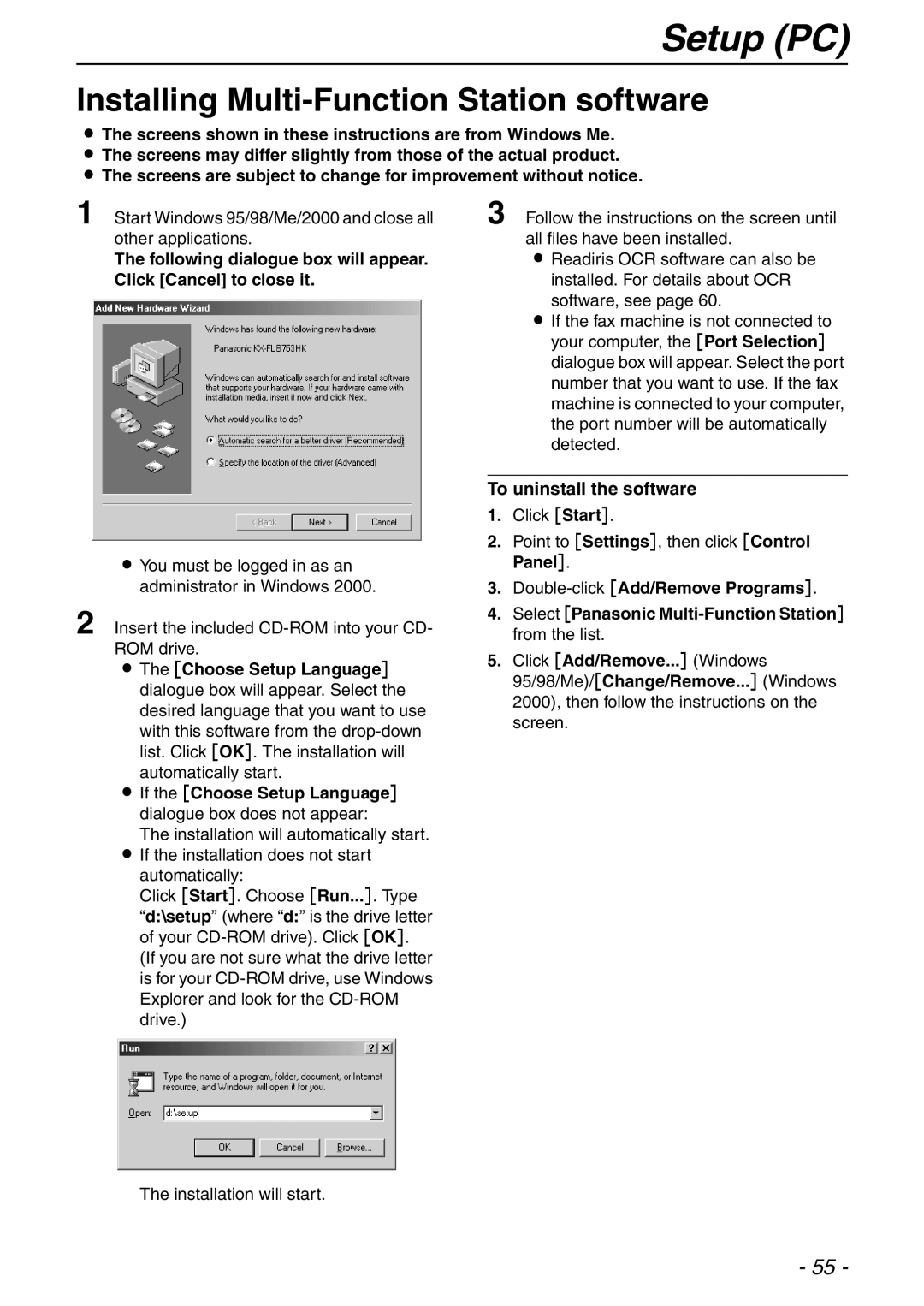 Panasonic KX-FLB753HK manual Installing Multi-Function Station software, To uninstall the software 