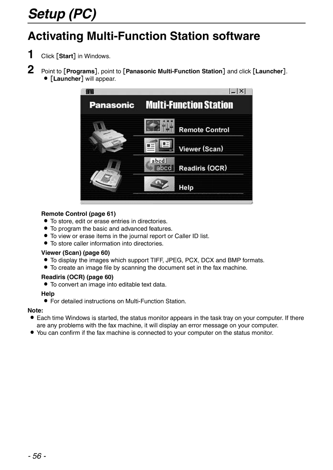 Panasonic KX-FLB753HK manual Activating Multi-Function Station software, Remote Control, Viewer Scan, Readiris OCR, Help 