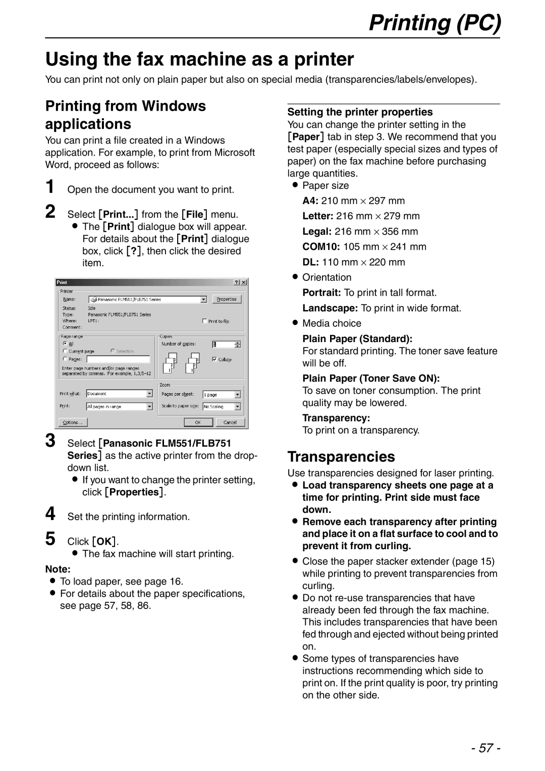 Panasonic KX-FLB753HK Printing PC, Using the fax machine as a printer, Printing from Windows applications, Transparencies 