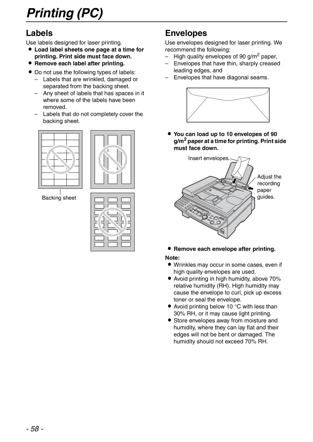 Panasonic KX-FLB753HK manual Labels, Envelopes, Remove each label after printing, Remove each envelope after printing 