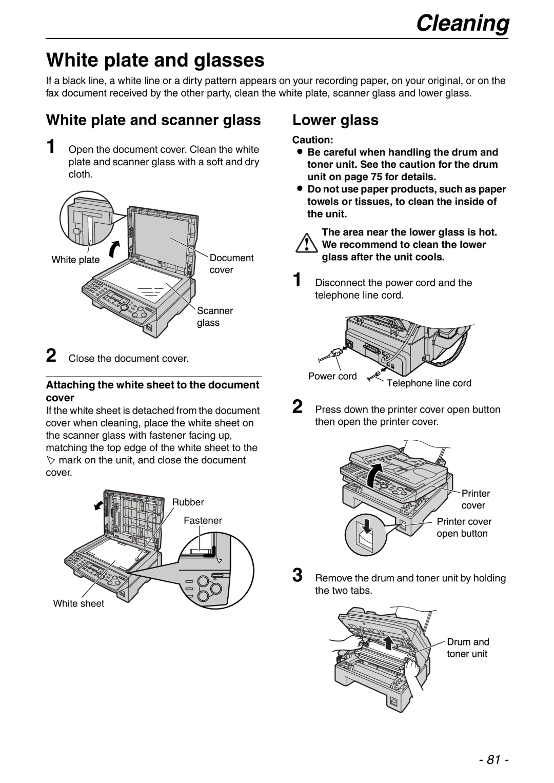 Panasonic KX-FLB753HK manual Cleaning, White plate and glasses, White plate and scanner glass, Lower glass 