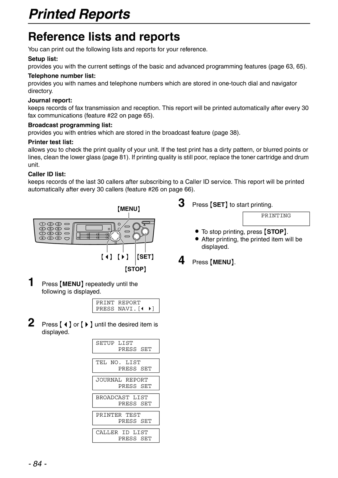 Panasonic KX-FLB753HK manual Printed Reports, Reference lists and reports 