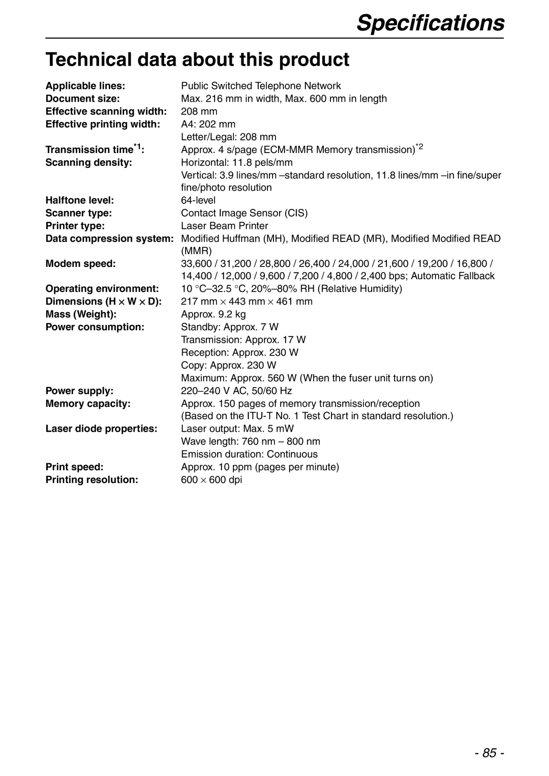 Panasonic KX-FLB753HK manual Technical data about this product 