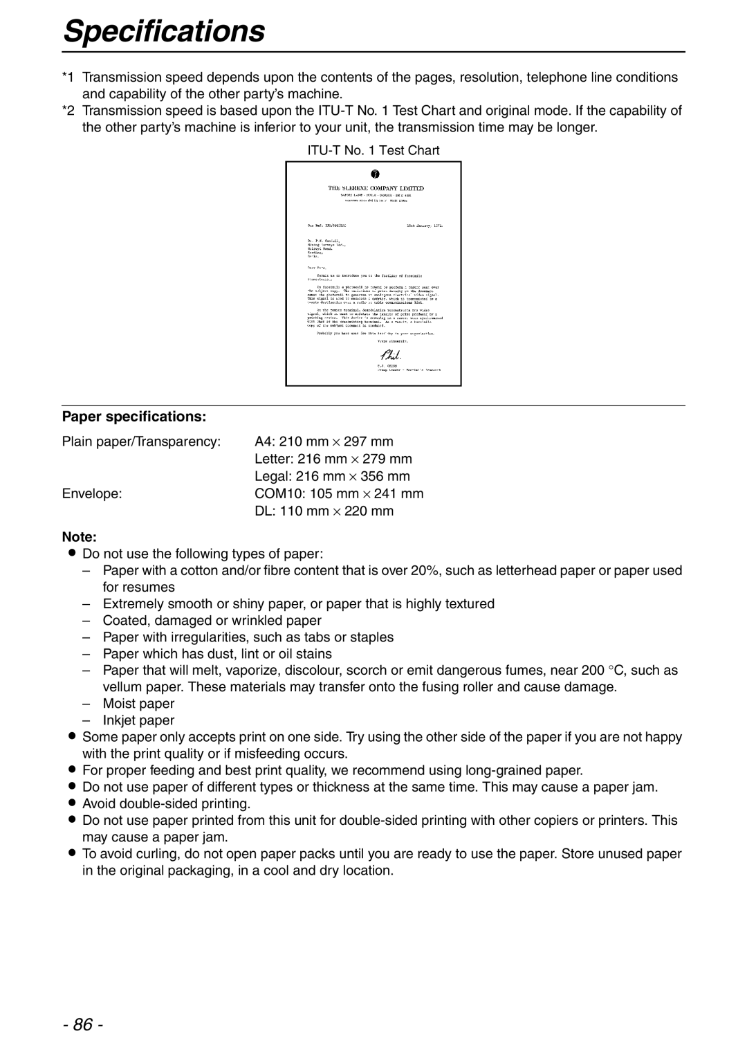 Panasonic KX-FLB753HK manual Specifications, Paper specifications 