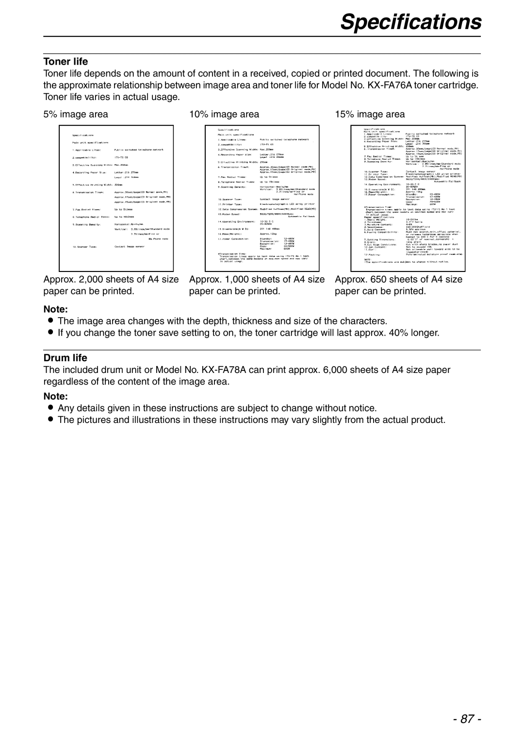 Panasonic KX-FLB753HK manual Toner life, Drum life 