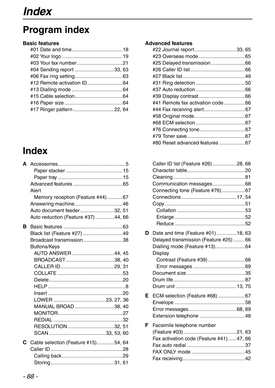 Panasonic KX-FLB753HK manual Index, Program index, Basic features, Advanced features 