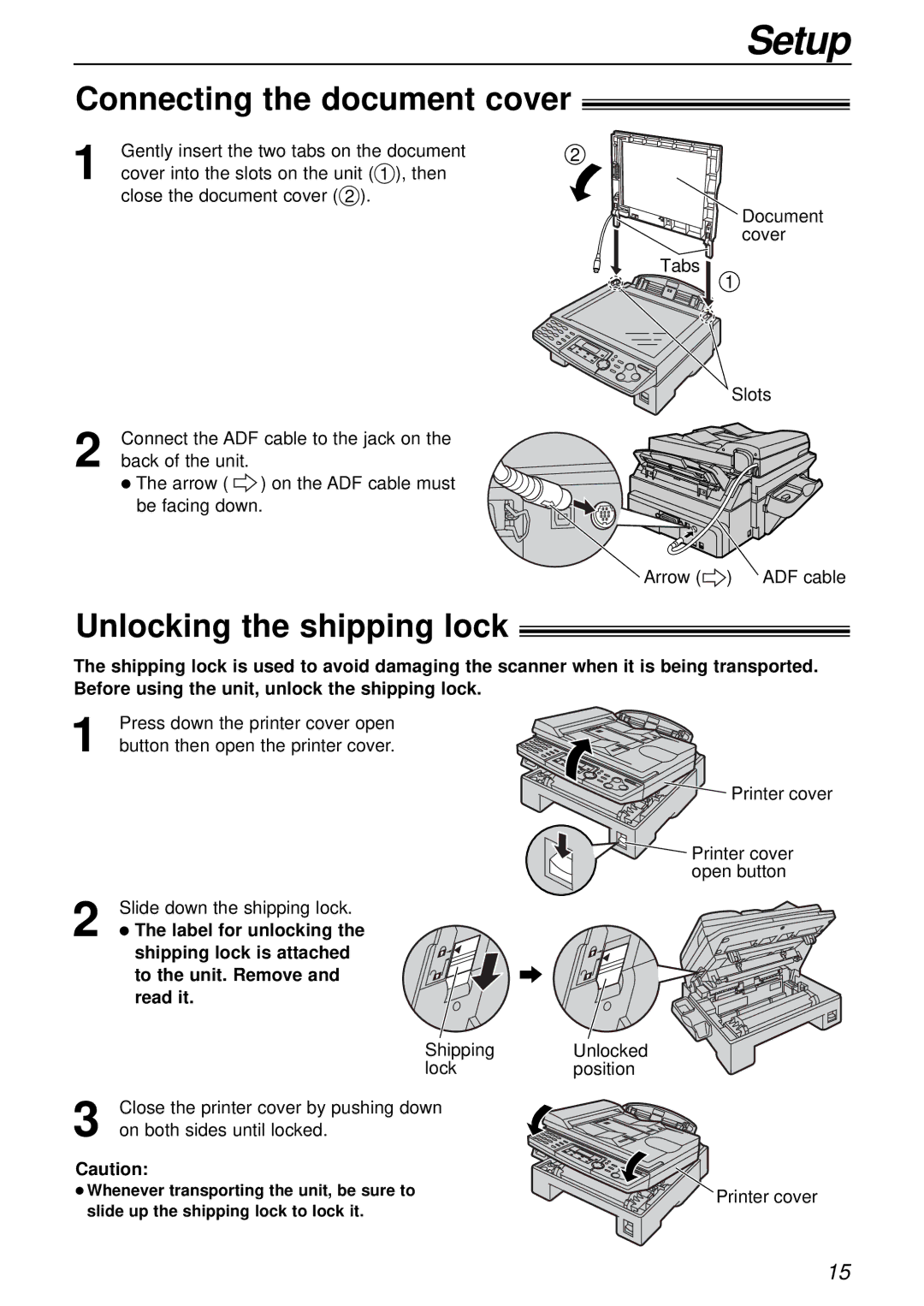 Panasonic KX-FLB756AL manual Setup, Connecting the document cover, Unlocking the shipping lock, Label for unlocking 