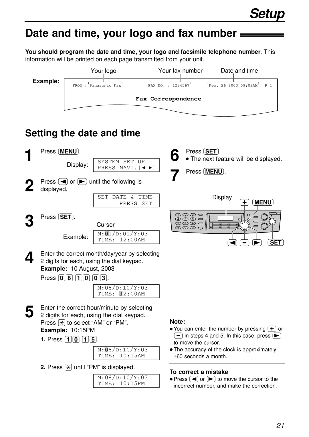 Panasonic KX-FLB756AL manual Date and time, your logo and fax number, Setting the date and time, Menu SET 