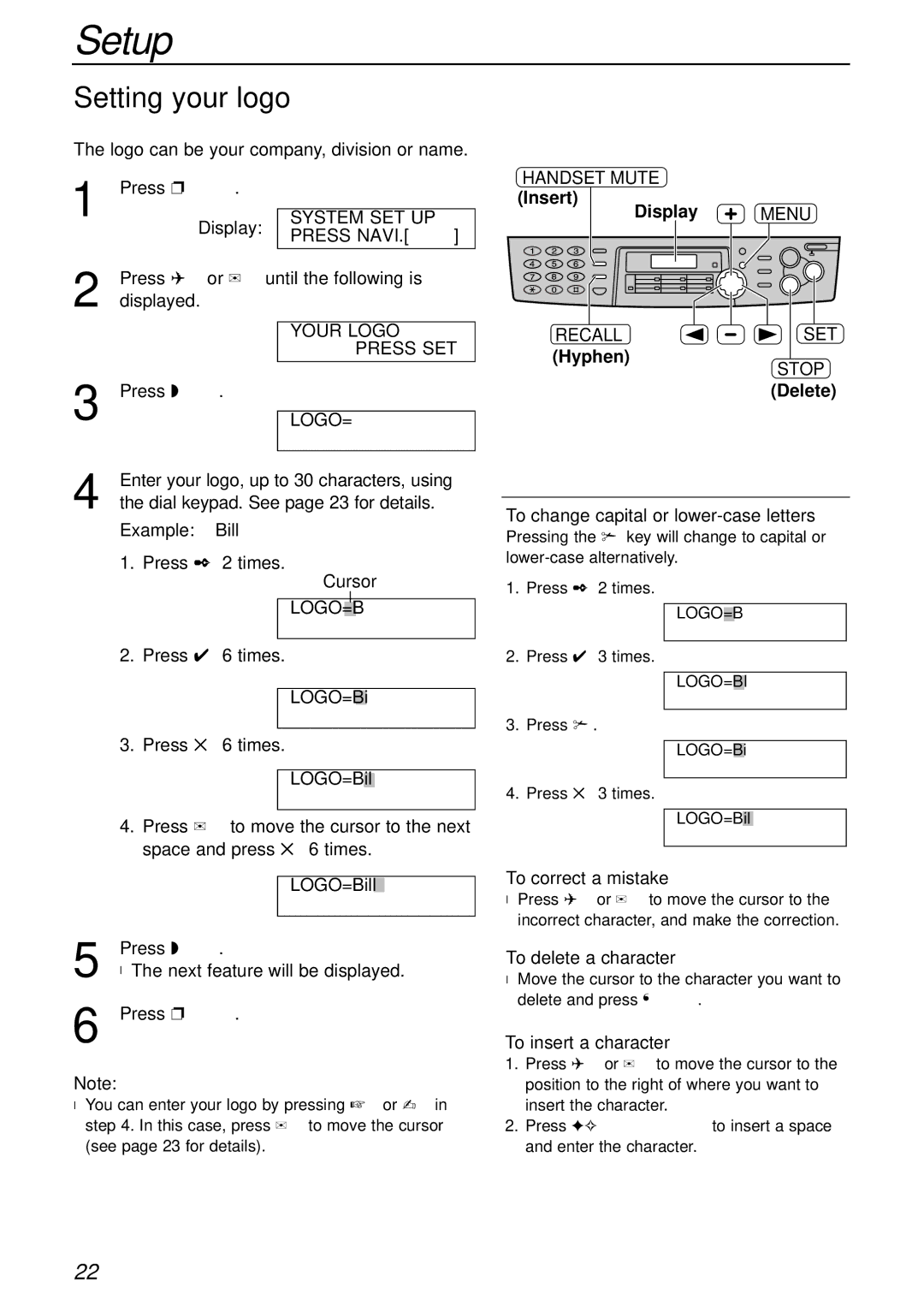 Panasonic KX-FLB756AL manual Setting your logo, Handset Mute, Recall SET 