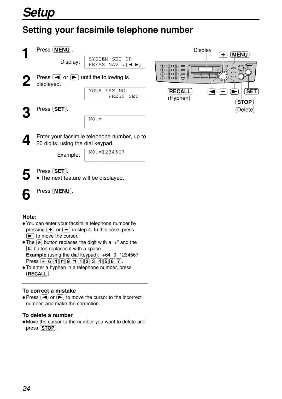 Panasonic KX-FLB756AL manual Setting your facsimile telephone number, To delete a number, Menu Recall SET 