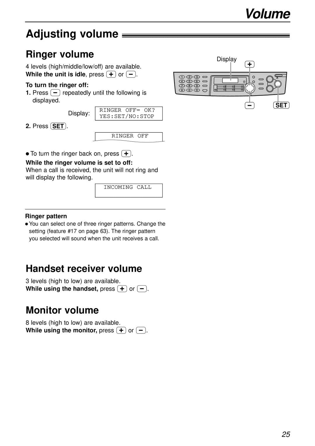 Panasonic KX-FLB756AL manual Volume, Adjusting volume, Ringer volume, Handset receiver volume, Monitor volume 