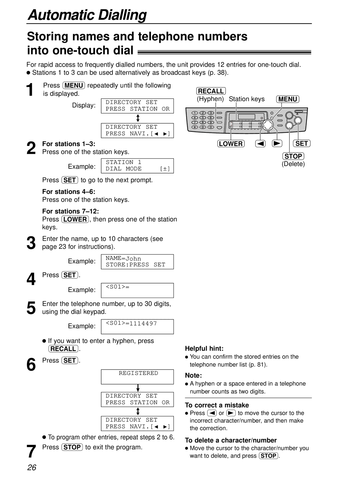 Panasonic KX-FLB756AL manual Automatic Dialling, Storing names and telephone numbers into one-touch dial, Lower SET Stop 