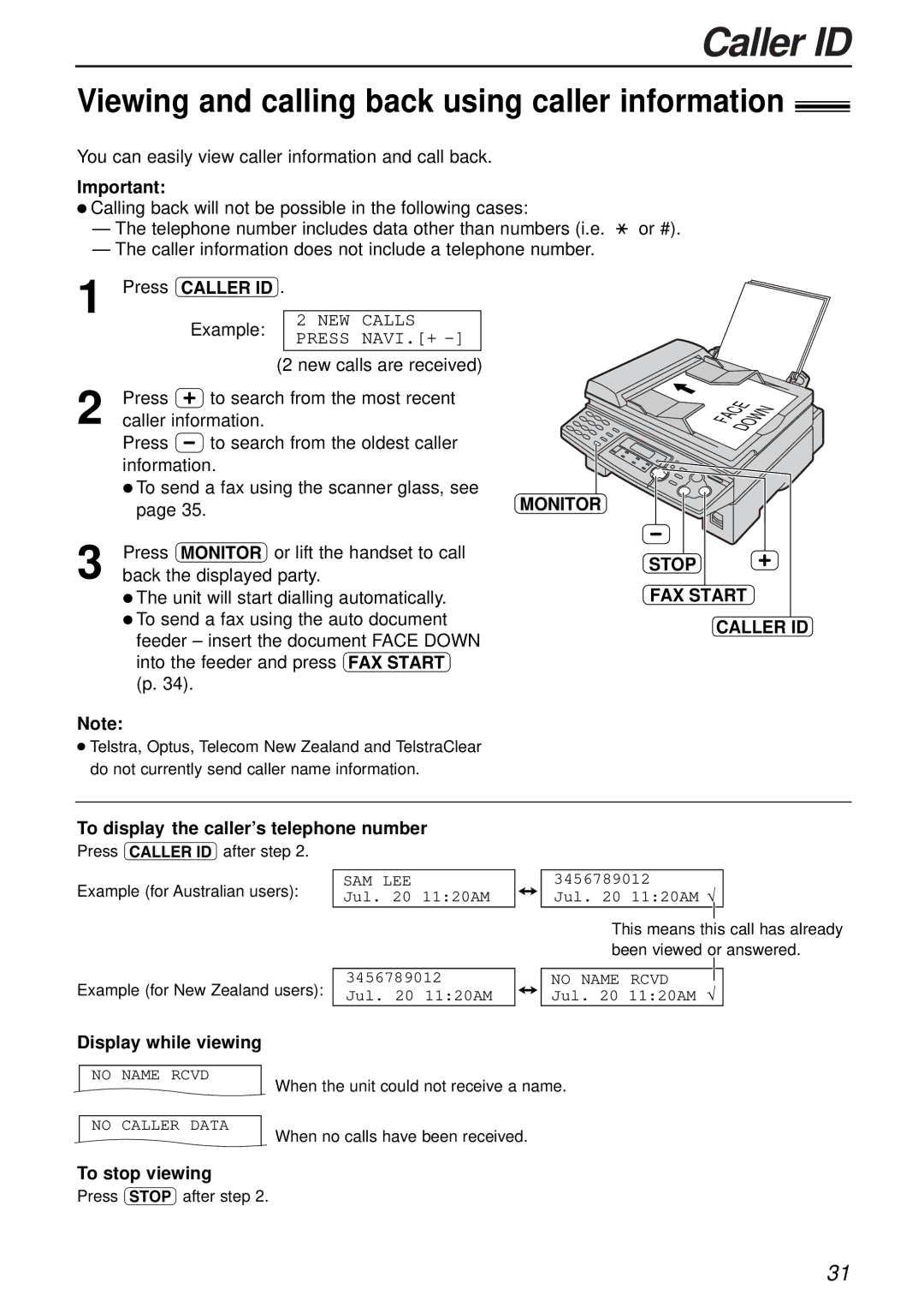 Panasonic KX-FLB756AL Viewing and calling back using caller information, Stop FAX Start Caller ID, Display while viewing 