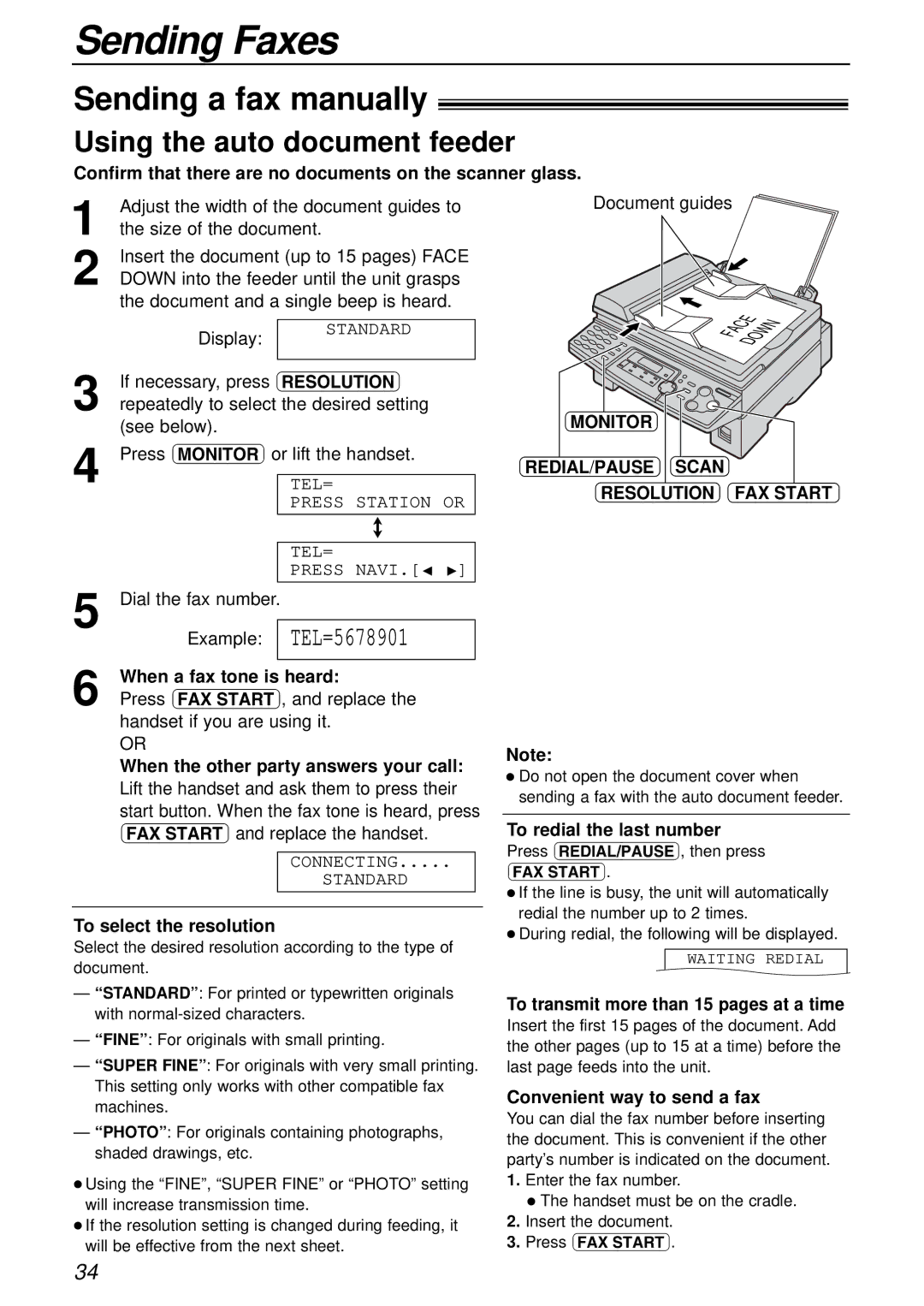 Panasonic KX-FLB756AL Sending Faxes, Sending a fax manually, Using the auto document feeder 