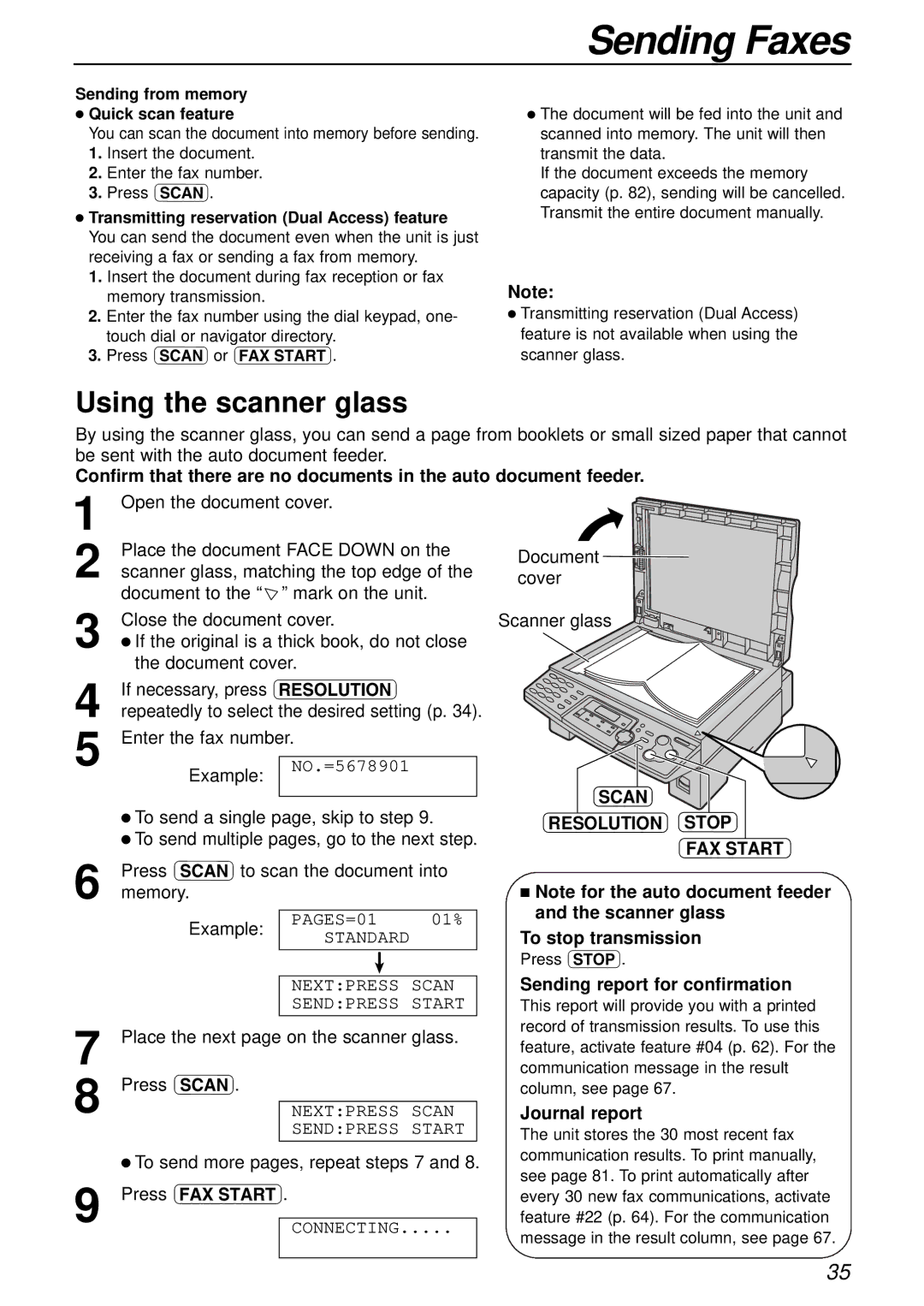 Panasonic KX-FLB756AL manual Using the scanner glass, Scan Resolution Stop FAX Start, To stop transmission, Journal report 