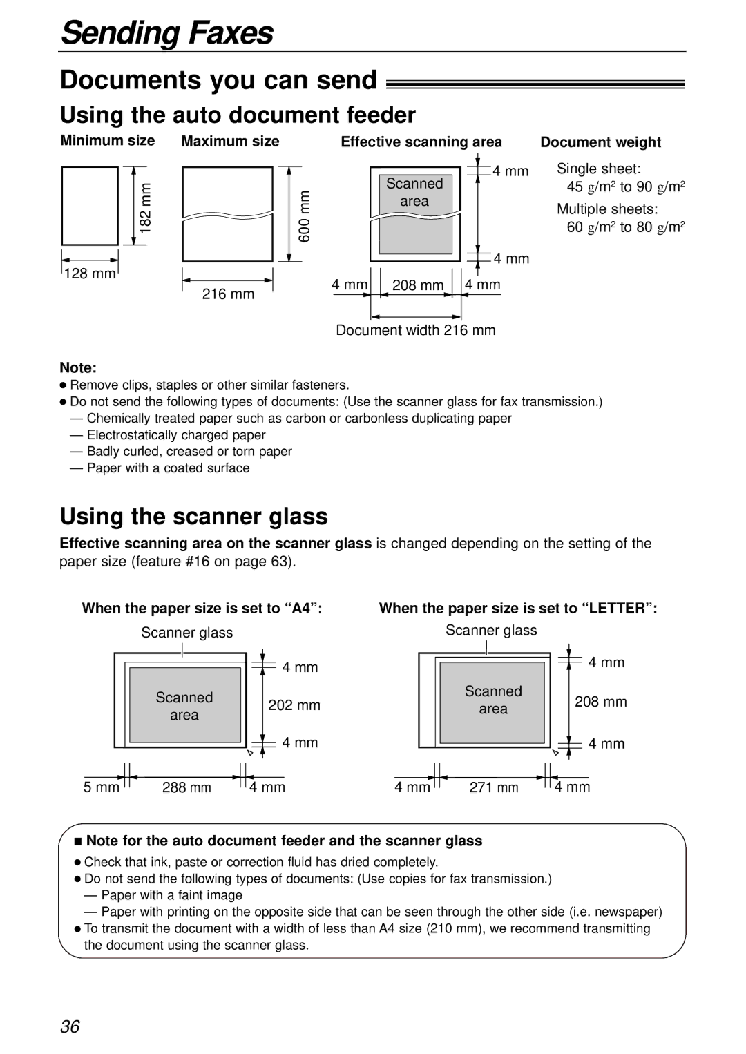 Panasonic KX-FLB756AL manual Documents you can send, When the paper size is set to A4, When the paper size is set to Letter 