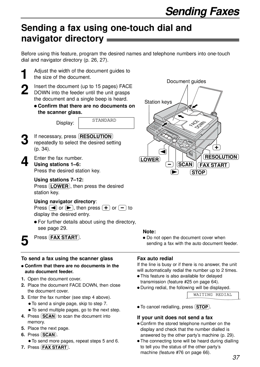 Panasonic KX-FLB756AL Sending a fax using one-touch dial and navigator directory, Lower Resolution Scan FAX Start Stop 