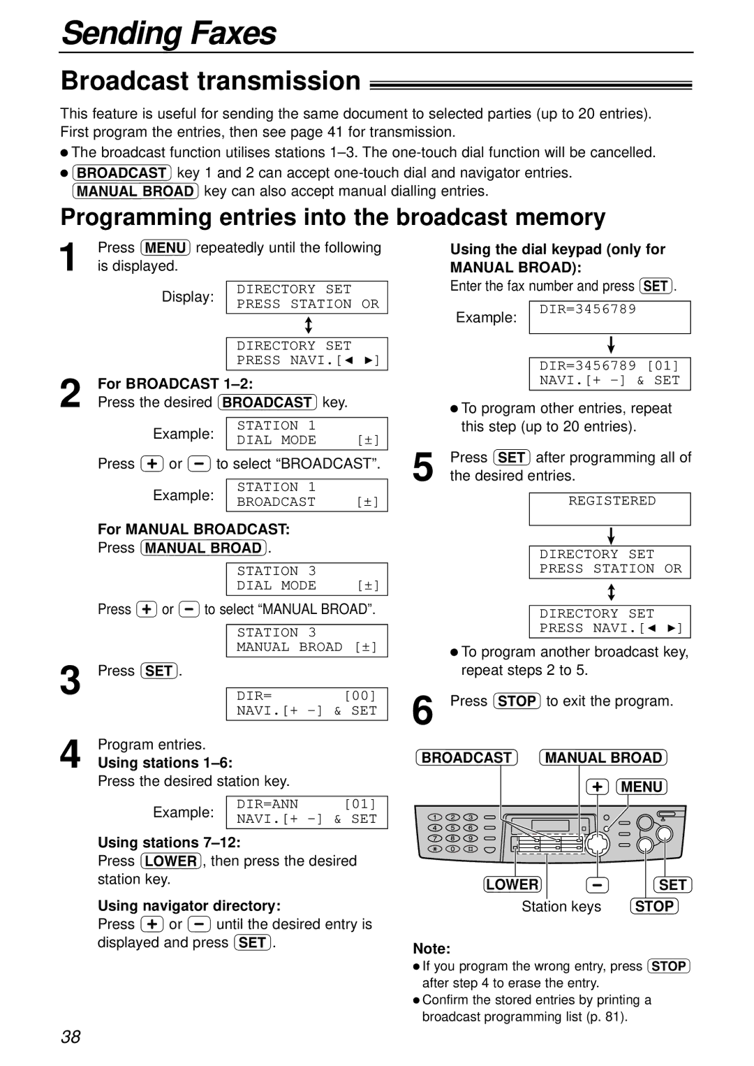 Panasonic KX-FLB756AL manual Broadcast transmission, Programming entries into the broadcast memory, Manual Broad 