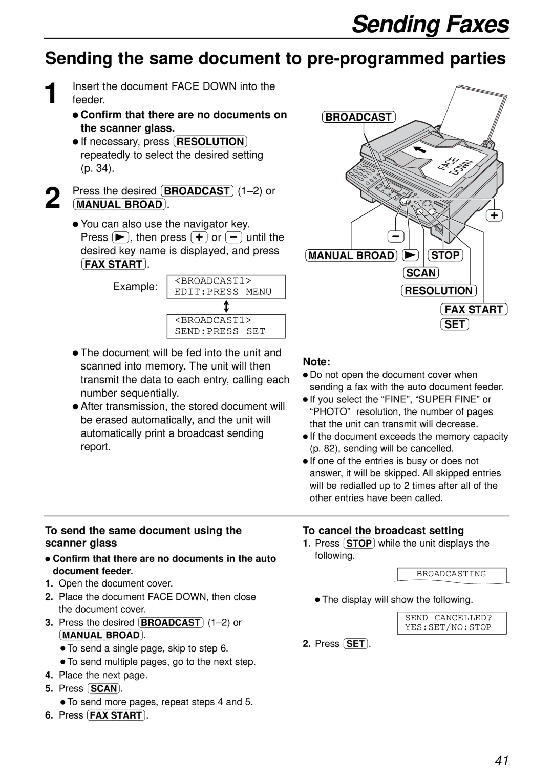 Panasonic KX-FLB756AL Sending the same document to pre-programmed parties, Broadcast, To cancel the broadcast setting 