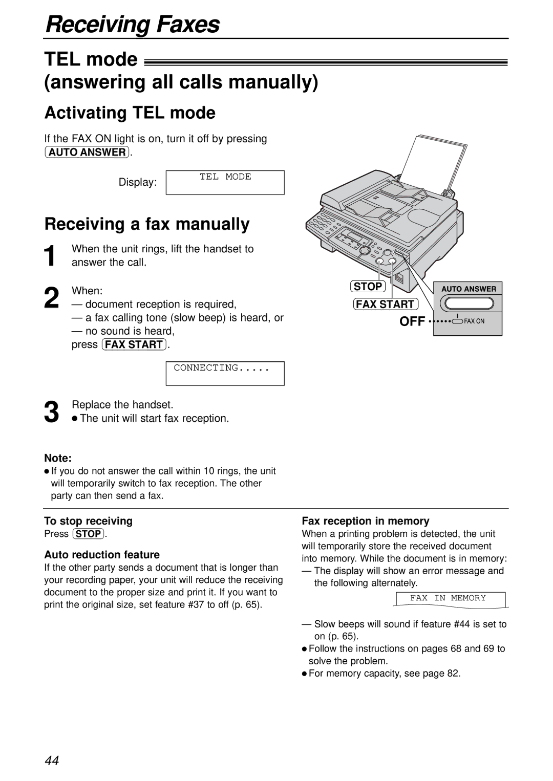 Panasonic KX-FLB756AL TEL mode Answering all calls manually, Activating TEL mode, Receiving a fax manually 