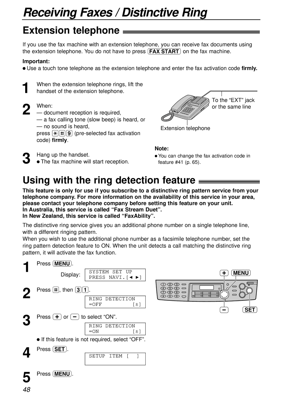 Panasonic KX-FLB756AL manual Receiving Faxes / Distinctive Ring, Extension telephone, Using with the ring detection feature 