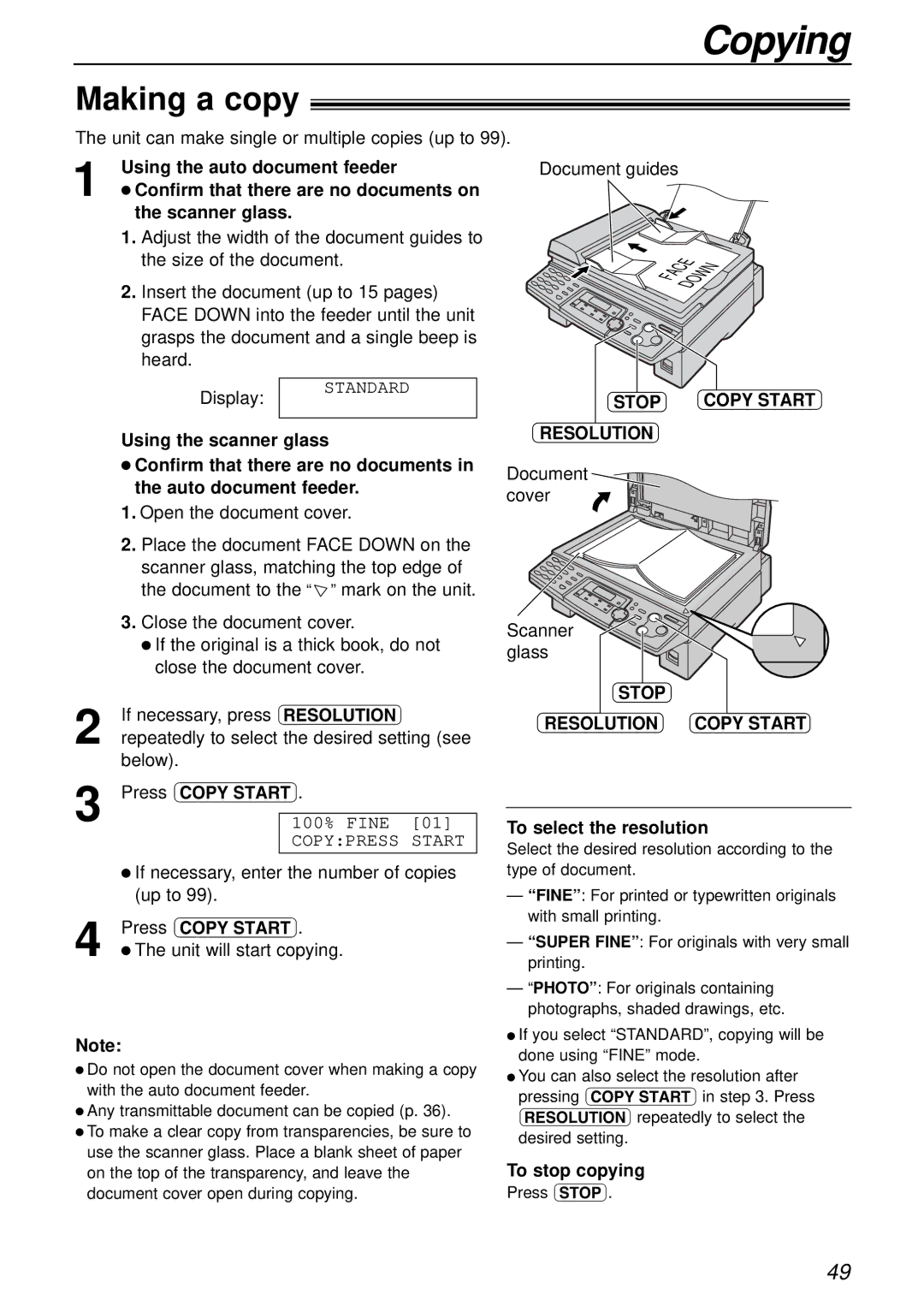 Panasonic KX-FLB756AL Copying, Making a copy, Stop Copy Start Resolution, Stop Resolution Copy Start, To stop copying 