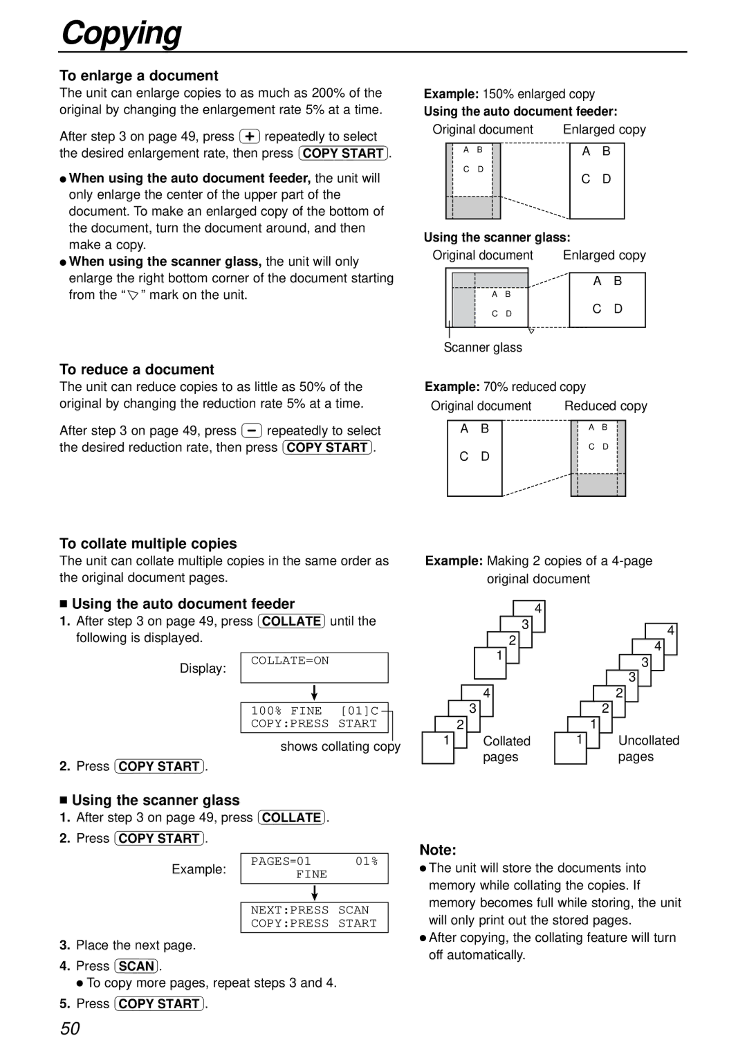 Panasonic KX-FLB756AL To enlarge a document, To reduce a document, To collate multiple copies, Using the scanner glass 