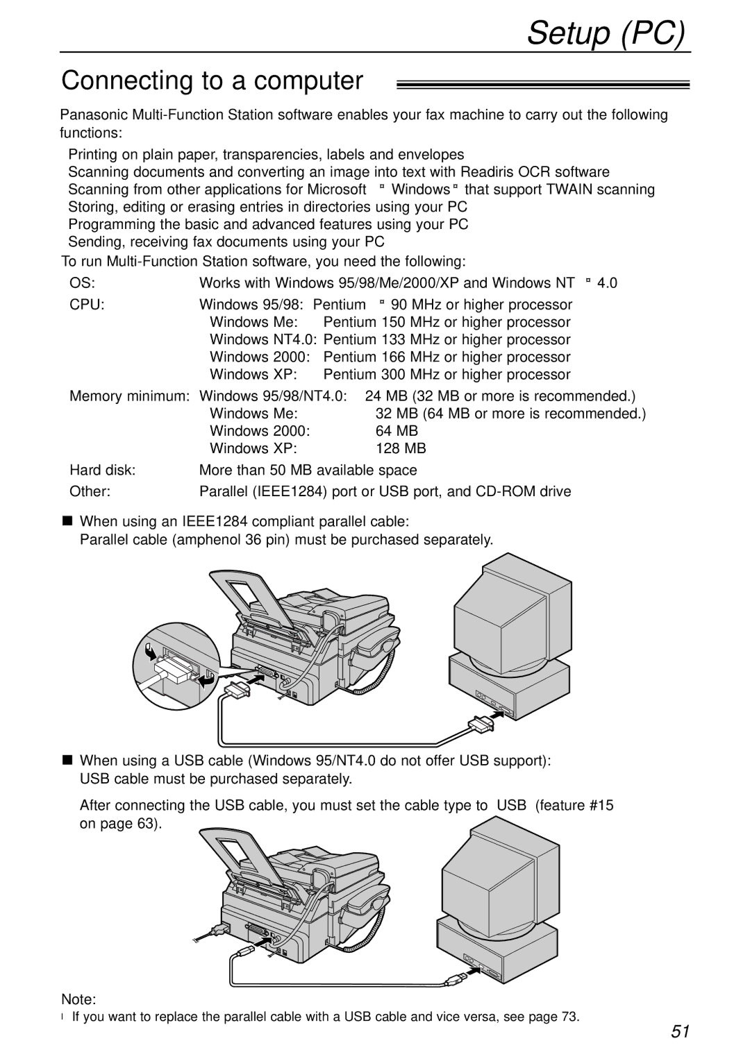 Panasonic KX-FLB756AL manual Setup PC, Connecting to a computer 