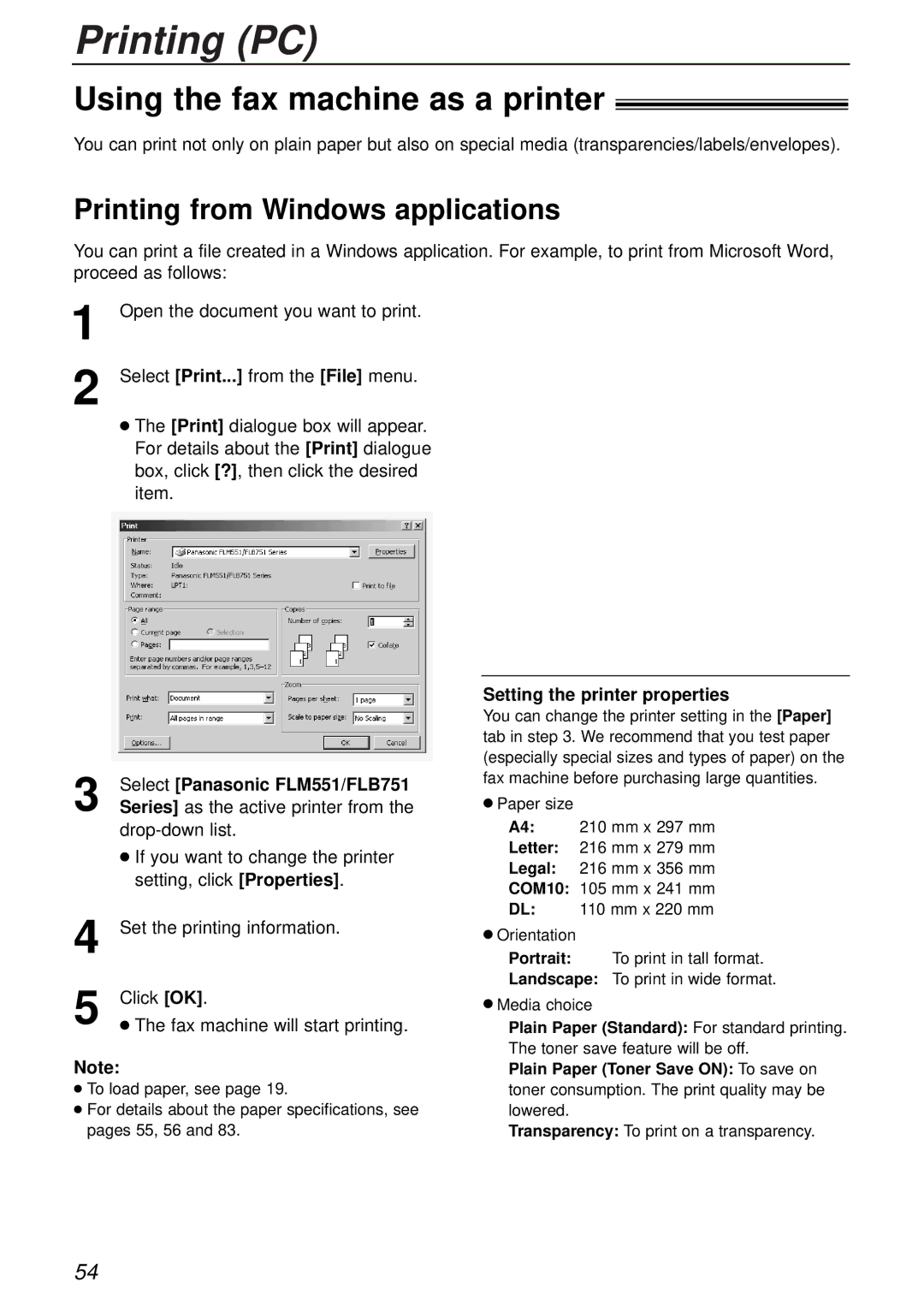 Panasonic KX-FLB756AL manual Printing PC, Using the fax machine as a printer, Printing from Windows applications 