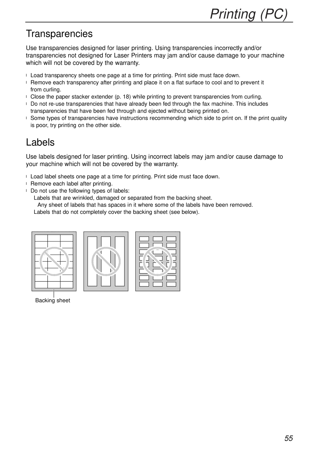 Panasonic KX-FLB756AL manual Transparencies, Labels 