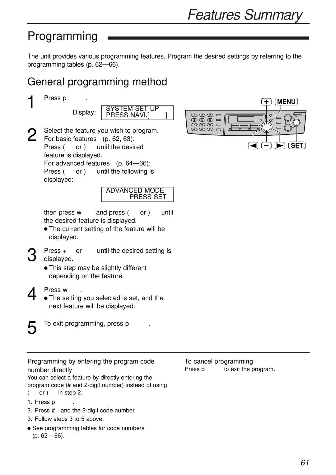 Panasonic KX-FLB756AL manual Features Summary, Programming, General programming method 