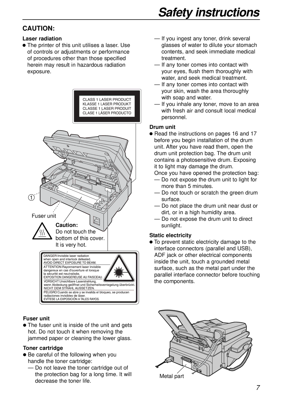 Panasonic KX-FLB756AL manual Laser radiation, Fuser unit, Toner cartridge, Drum unit, Static electricity 