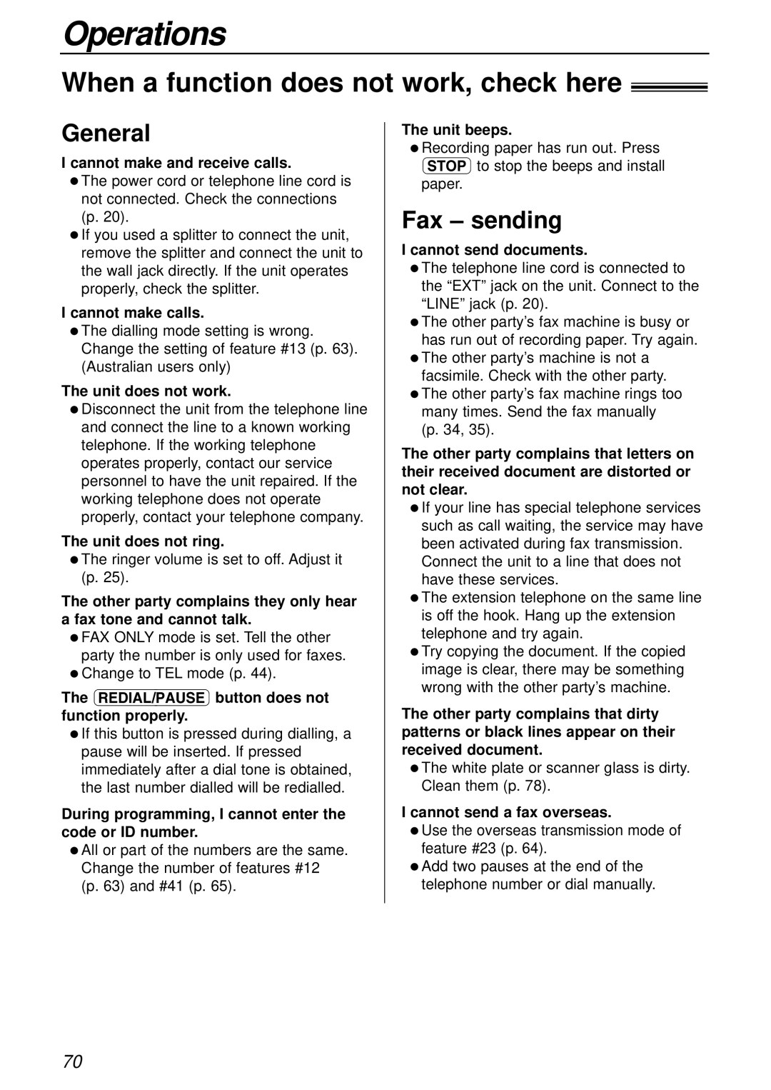 Panasonic KX-FLB756AL manual Operations, When a function does not work, check here, General, Fax sending 