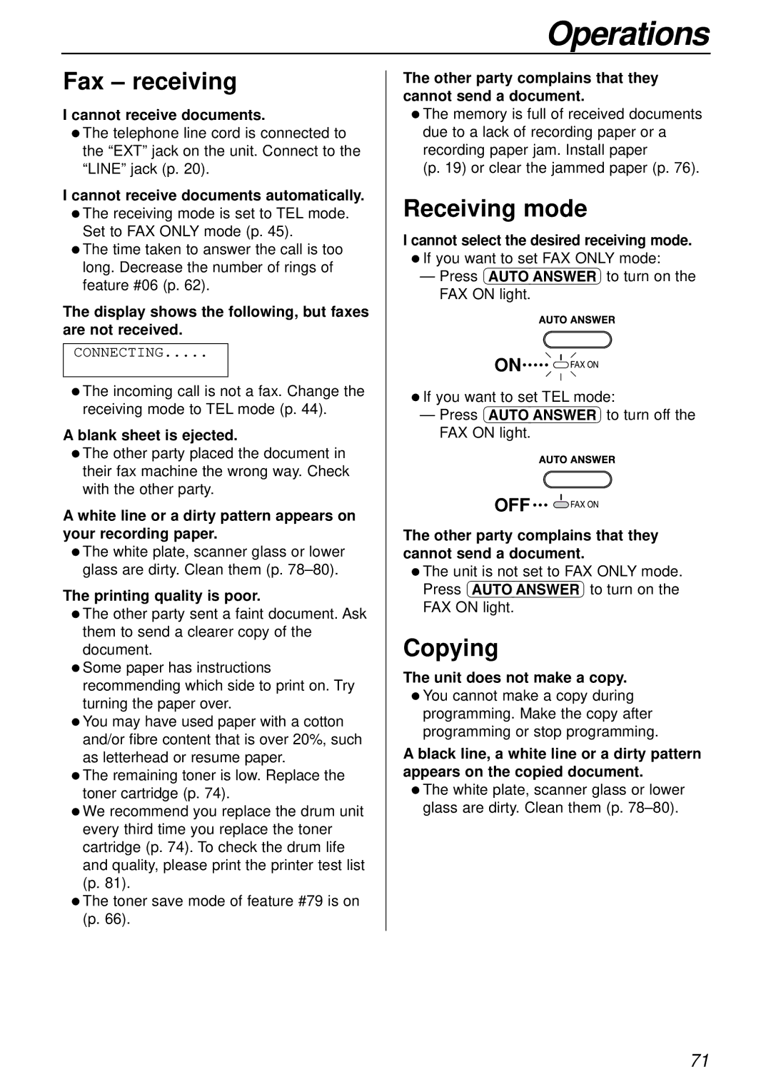 Panasonic KX-FLB756AL manual Fax receiving, Receiving mode, Copying 