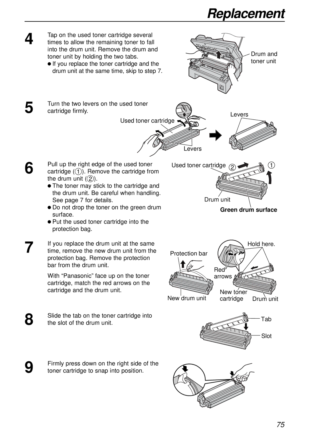 Panasonic KX-FLB756AL manual Green drum surface, Toner cartridge to snap into position 