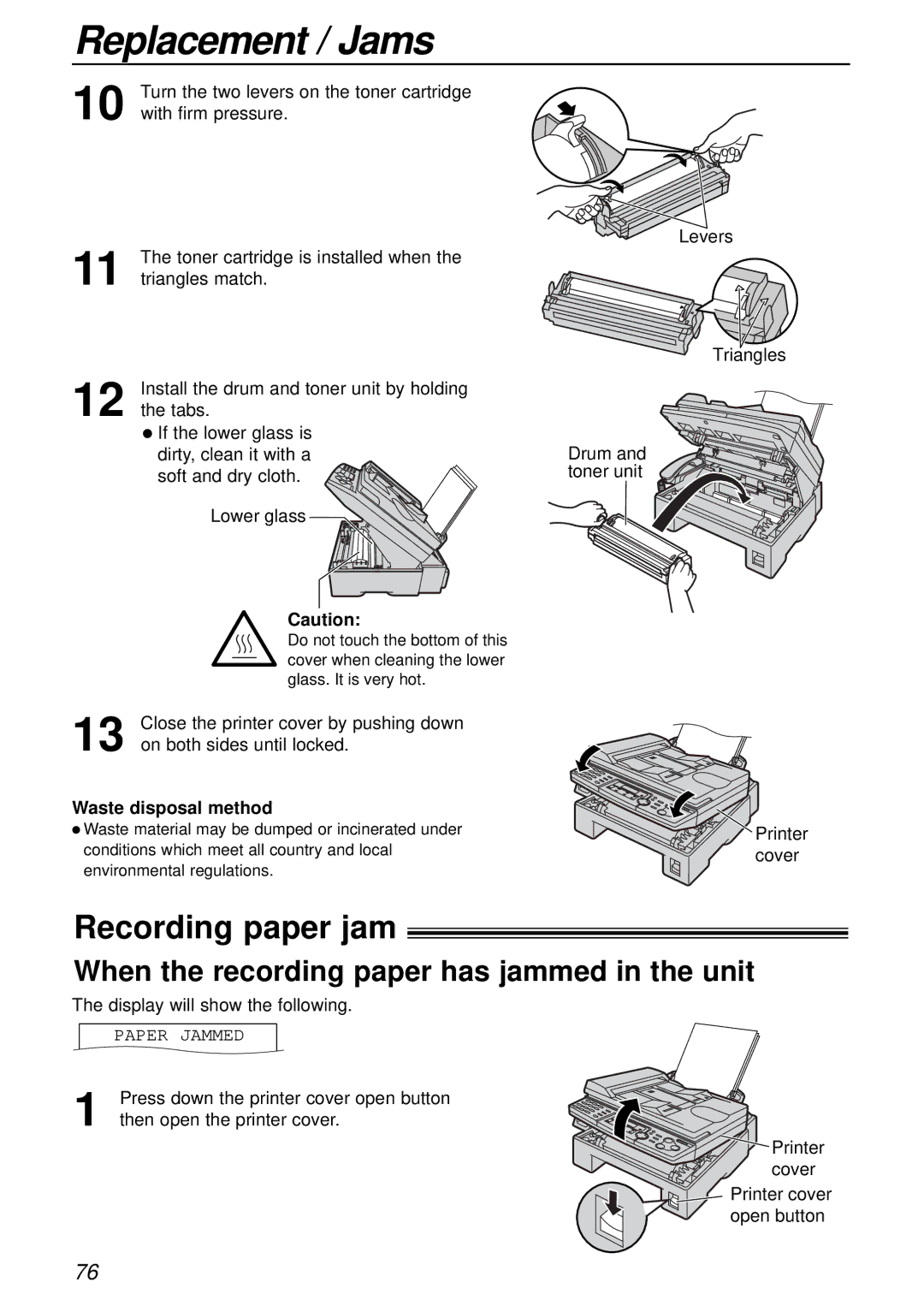 Panasonic KX-FLB756AL manual Replacement / Jams, Recording paper jam, When the recording paper has jammed in the unit 