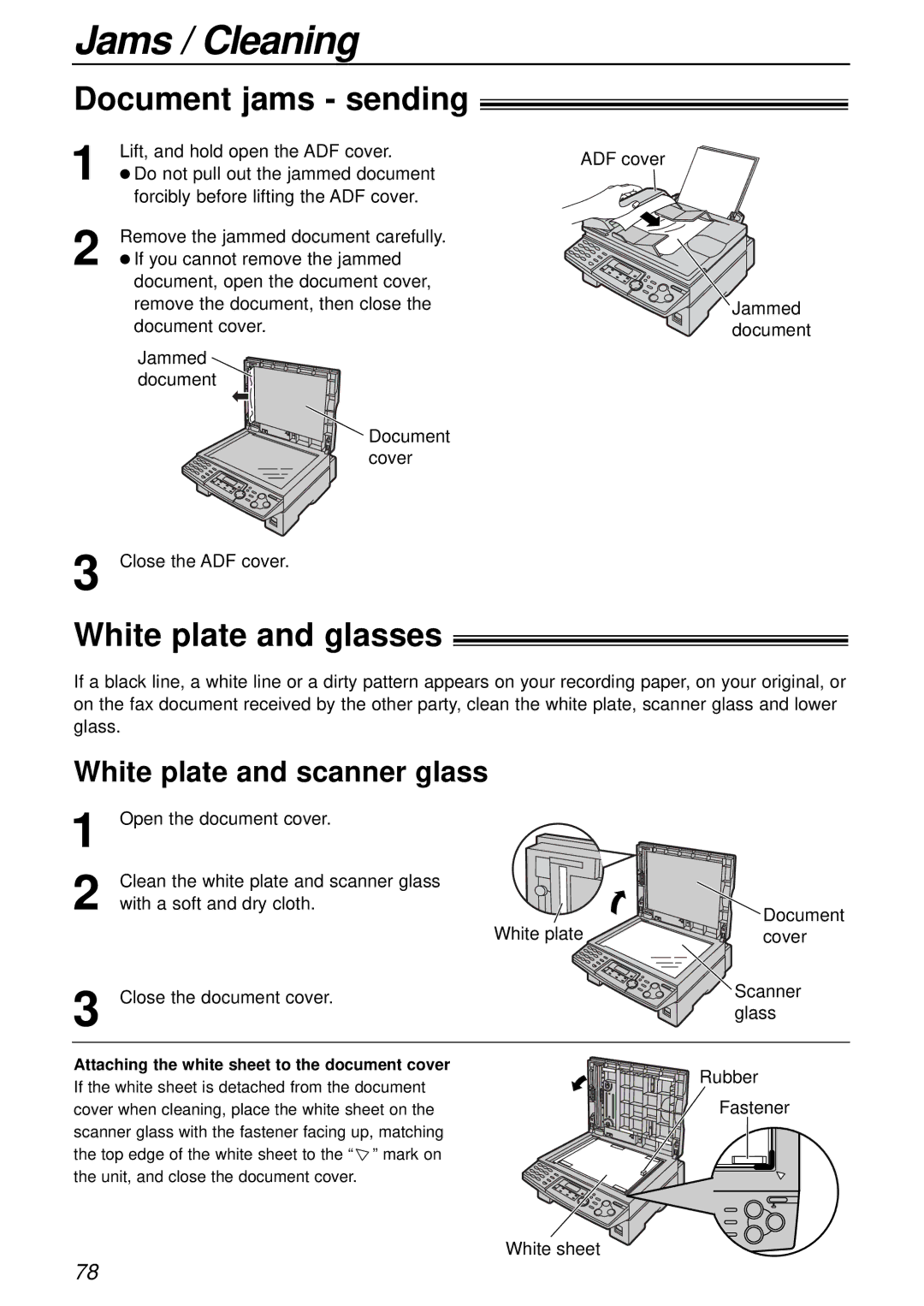 Panasonic KX-FLB756AL manual Jams / Cleaning, Document jams sending, White plate and glasses, White plate and scanner glass 