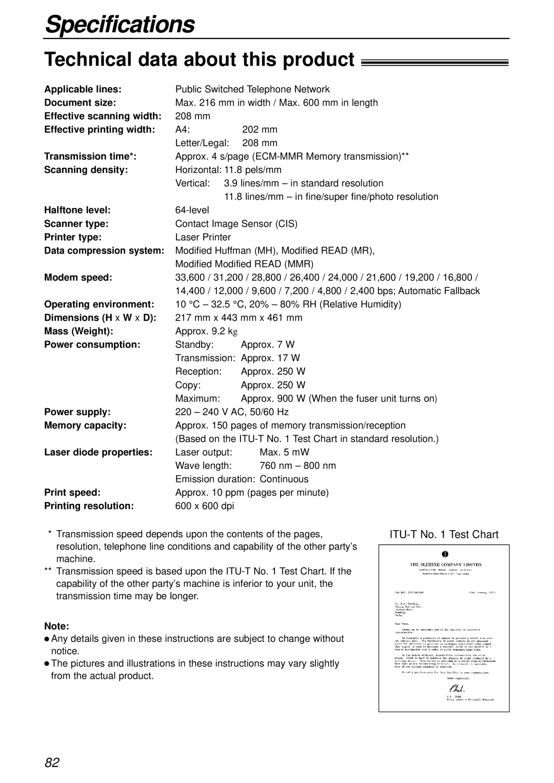 Panasonic KX-FLB756AL manual Specifications, Technical data about this product, ITU-T No Test Chart 