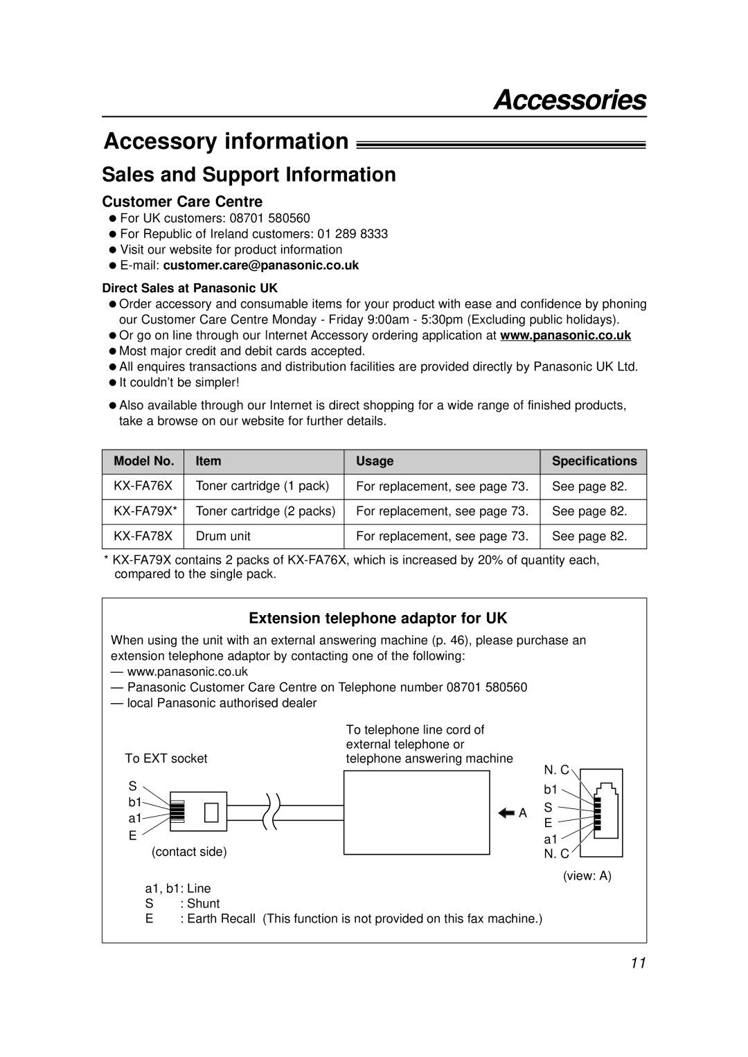 Panasonic KX-FLB756E manual Accessory information, Sales and Support Information, Model No Usage Specifications 