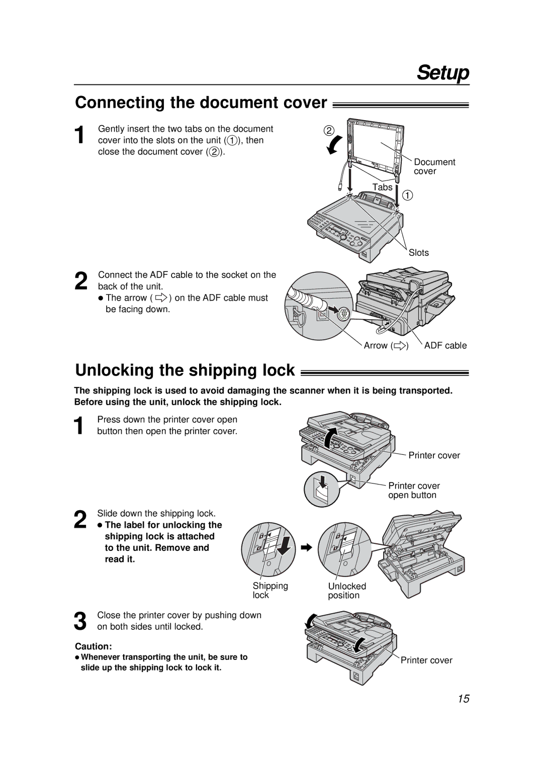 Panasonic KX-FLB756E manual Setup, Connecting the document cover, Unlocking the shipping lock, Label for unlocking 