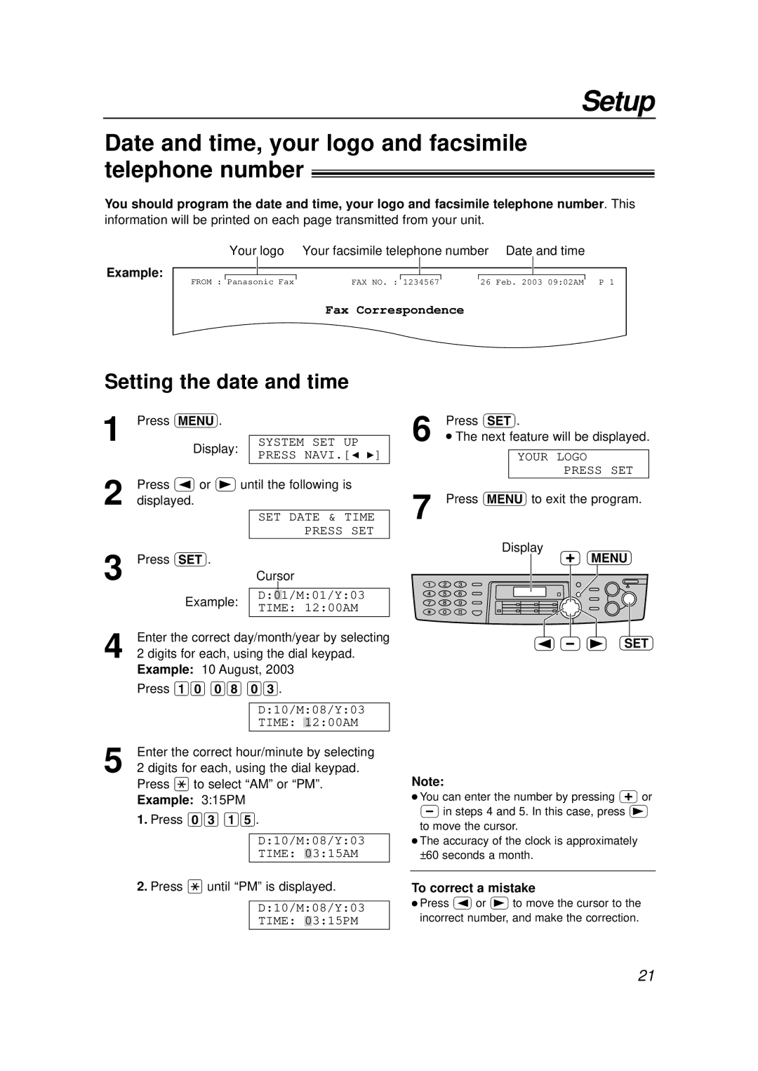 Panasonic KX-FLB756E manual Date and time, your logo and facsimile telephone number, Setting the date and time, Menu SET 