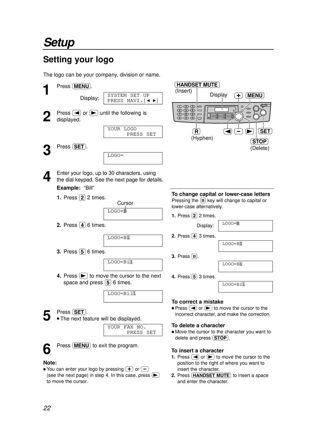 Panasonic KX-FLB756E manual Setting your logo, Handset Mute, Stop 