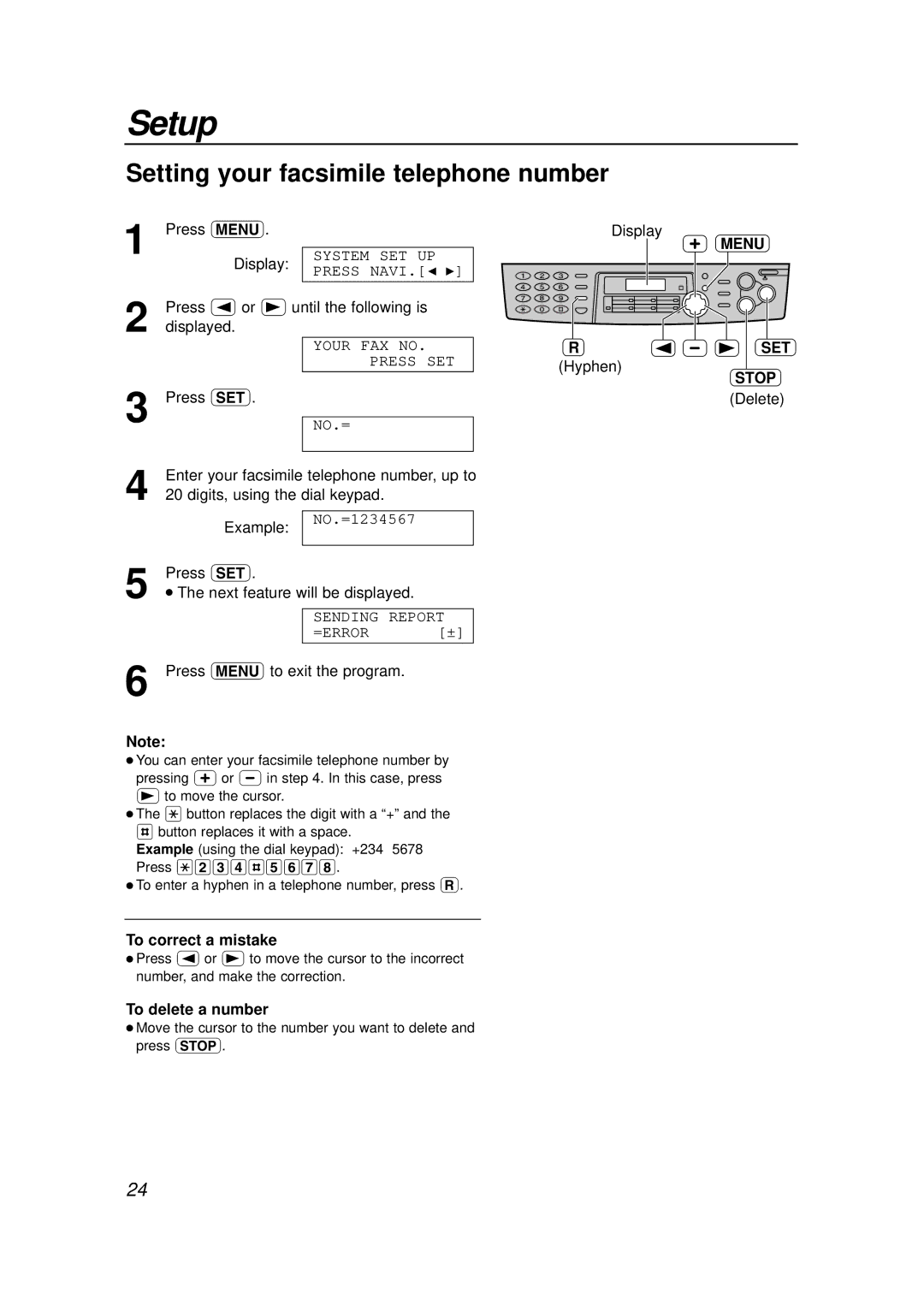 Panasonic KX-FLB756E manual Setting your facsimile telephone number, Enter your facsimile telephone number, up to 