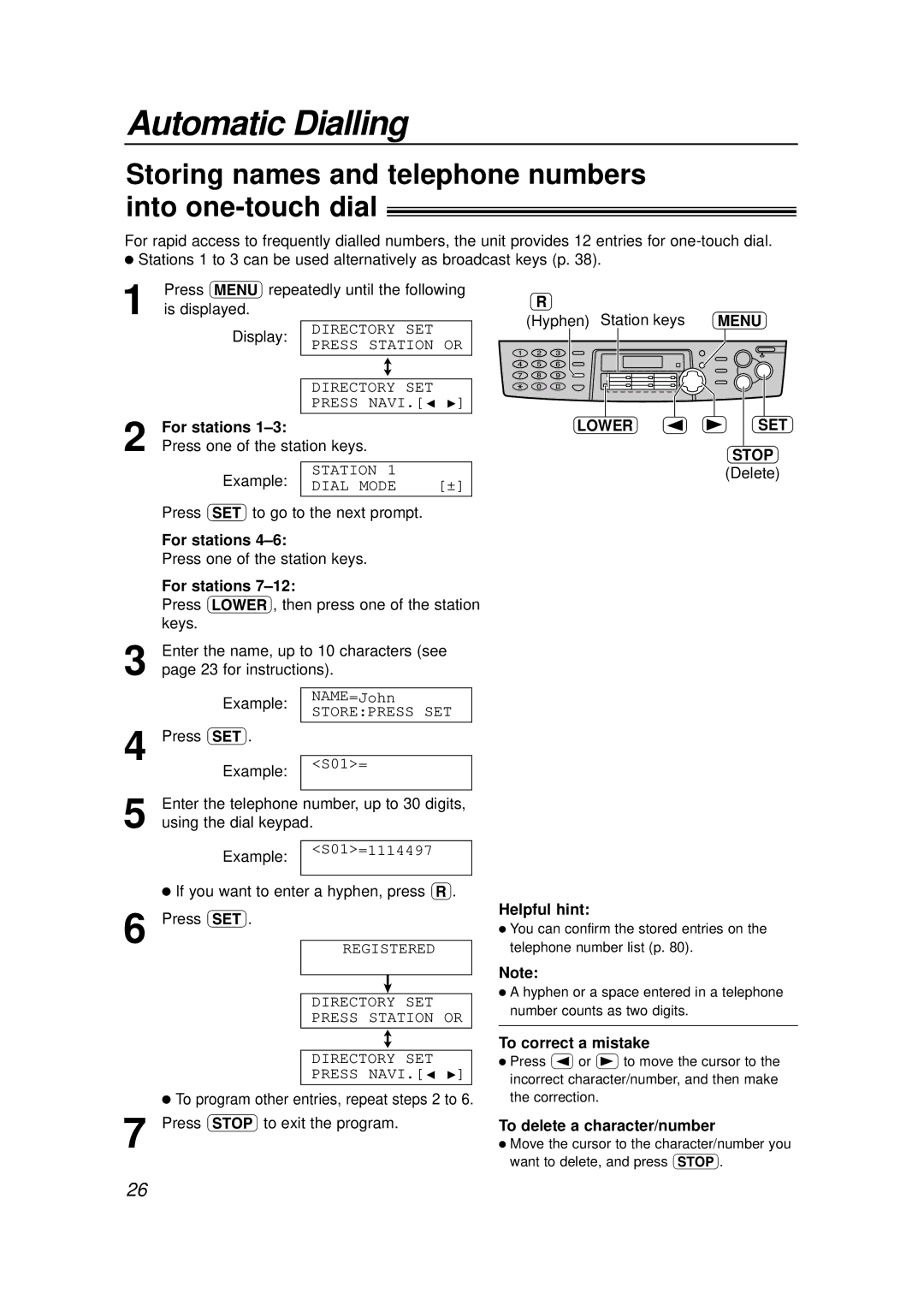 Panasonic KX-FLB756E manual Automatic Dialling, Storing names and telephone numbers into one-touch dial, Lower SET Stop 