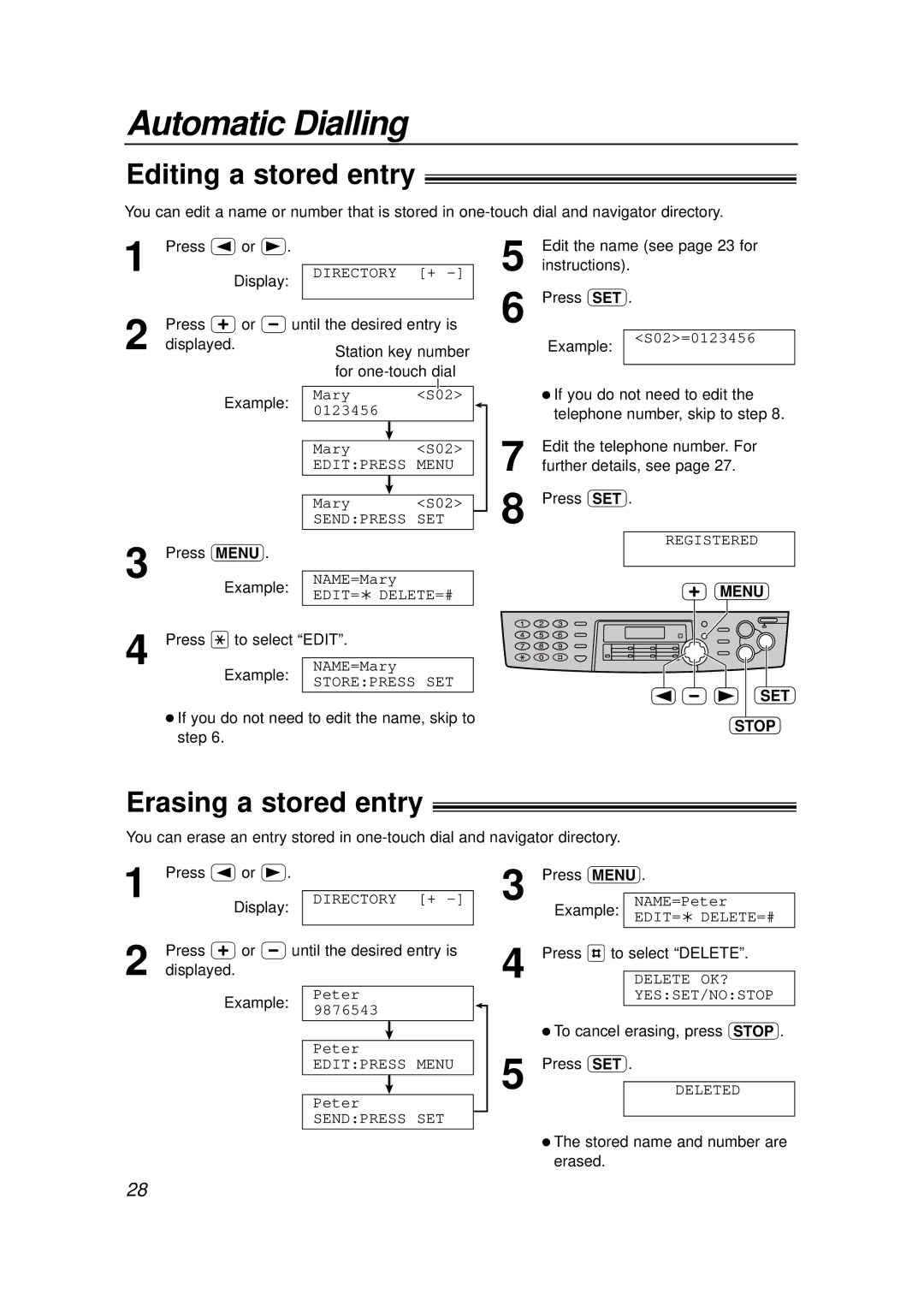 Panasonic KX-FLB756E manual Editing a stored entry, Erasing a stored entry, Menu, SET Stop 