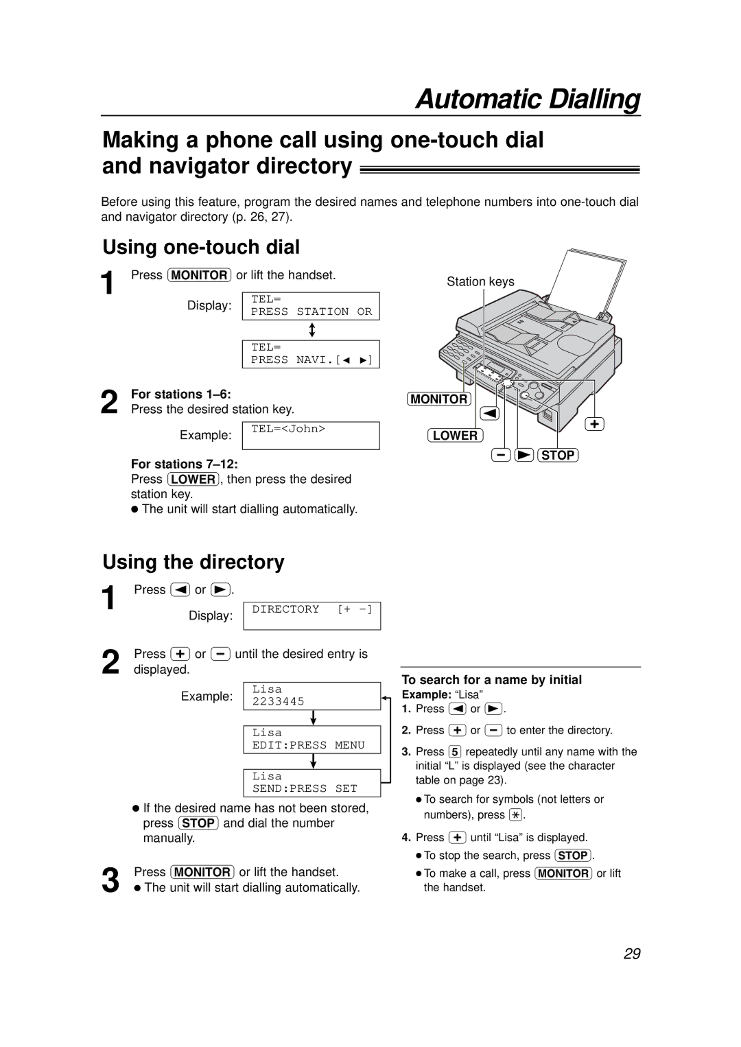 Panasonic KX-FLB756E manual Using one-touch dial, Using the directory, Monitor, Lower, To search for a name by initial 