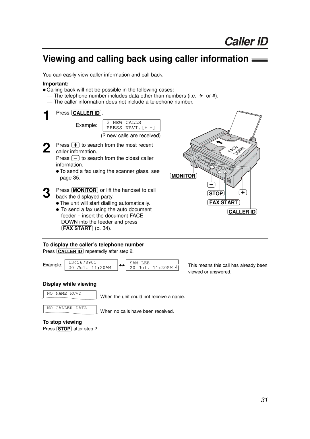 Panasonic KX-FLB756E Viewing and calling back using caller information, Stop FAX Start Caller ID, Display while viewing 