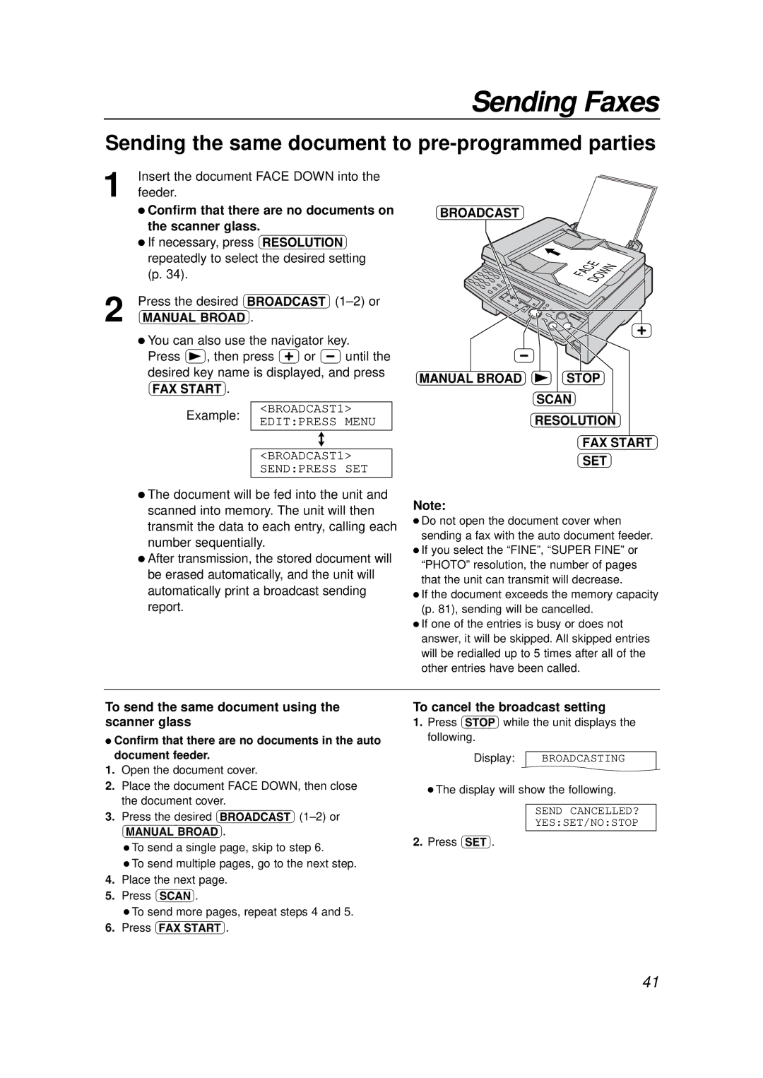 Panasonic KX-FLB756E manual Sending the same document to pre-programmed parties, Broadcast, To cancel the broadcast setting 