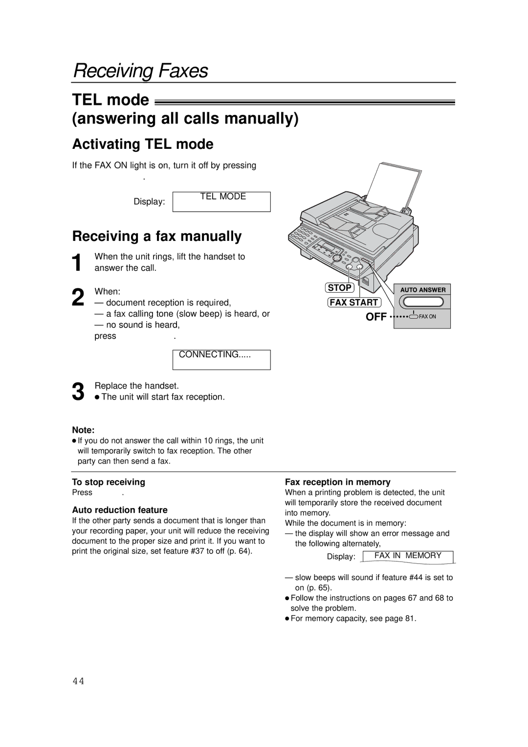 Panasonic KX-FLB756E TEL mode Answering all calls manually, Activating TEL mode, Receiving a fax manually 