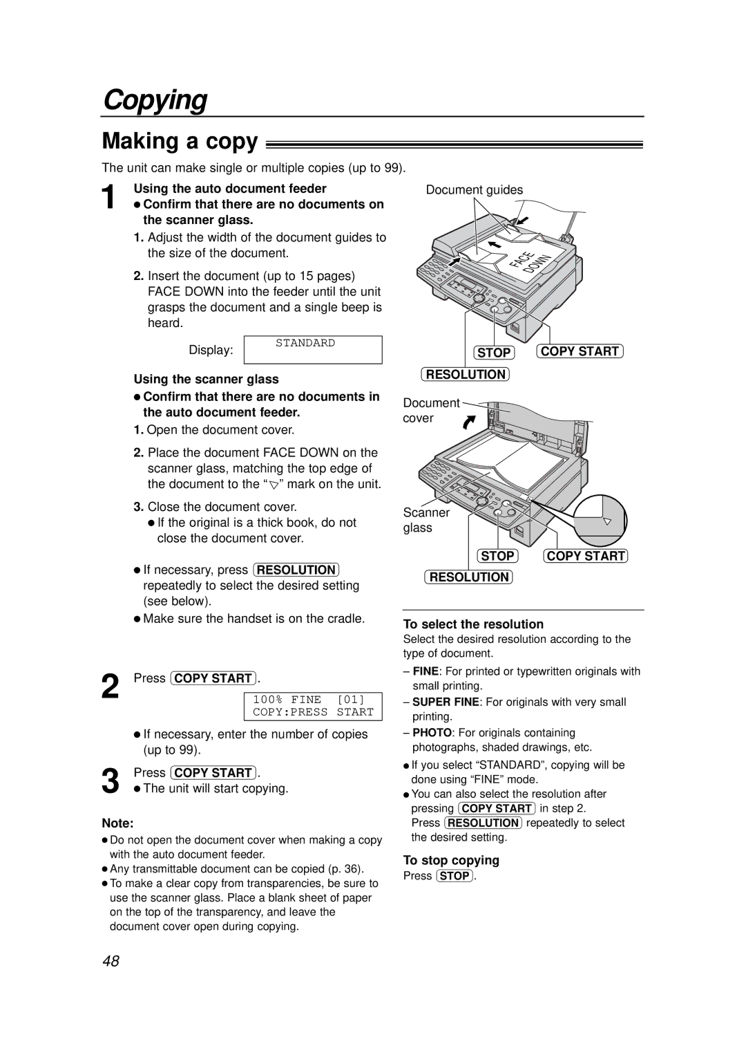 Panasonic KX-FLB756E manual Copying, Making a copy, Stop Copy Start Resolution, To stop copying 